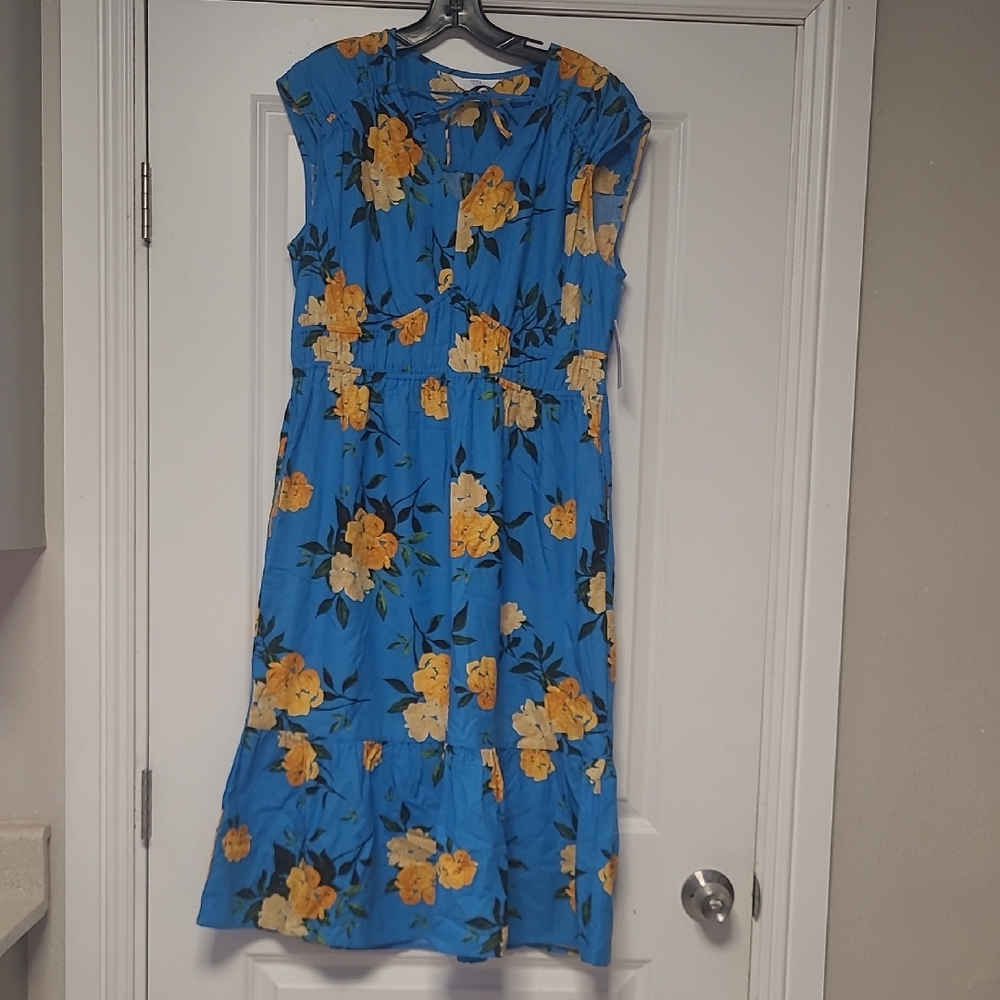 Time and Tru Blue Midi Dress with Yellow Floral Print